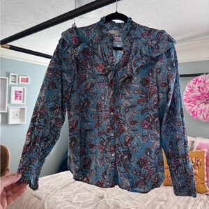 LOFT Blue Paisley Ruffle-Trim Button-Down Shirt